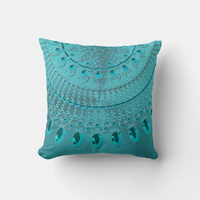 Elegant Turquoise Blue Green Mandala Throw Pillow (Front)
