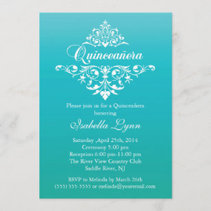Elegant Turquoise Blue Ombre Quinceañera Party Invitation