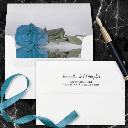 Elegant Turquoise Blue Reflecting Rose Wedding Envelope