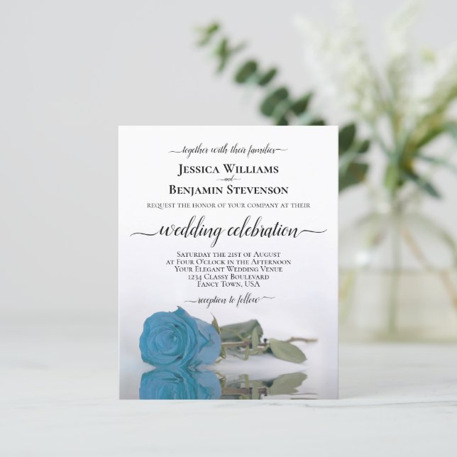 Elegant Turquoise Blue Rose BUDGET Wedding Invite (Standing Front)