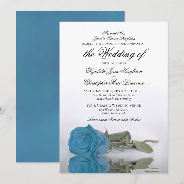 Elegant Turquoise Blue Rose Formal Wedding Invitation (Front/Back)