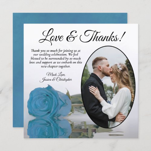 Elegant Turquoise Blue Rose  Oval Photo Wedding Thank You Card