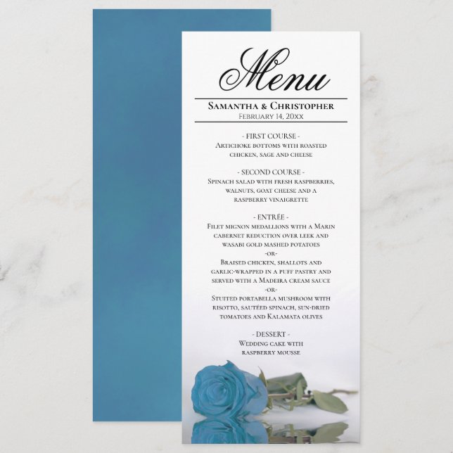 Elegant Turquoise Blue Rose Reflections Wedding Menu (Front/Back)