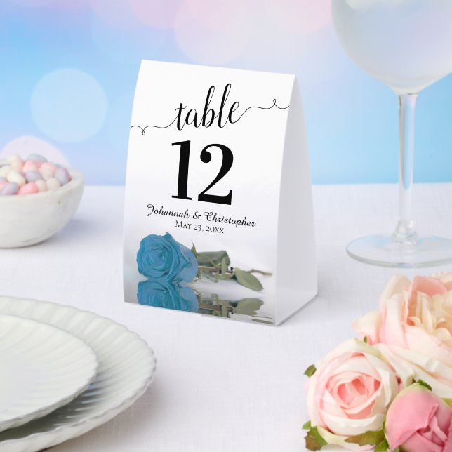 Elegant Turquoise Blue Rose Wedding Table Number Paper Table Tent (Insitu(Wedding))