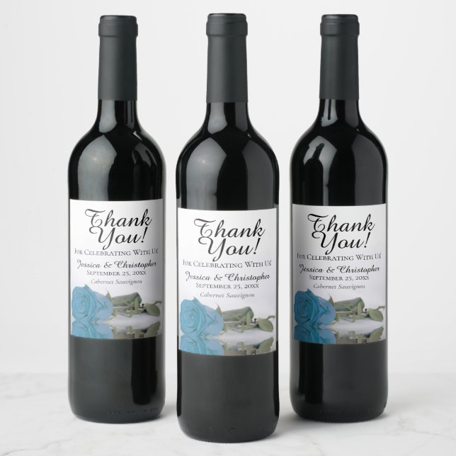 Elegant Turquoise Blue Rose Wedding Thank You Wine Label (Bottles)