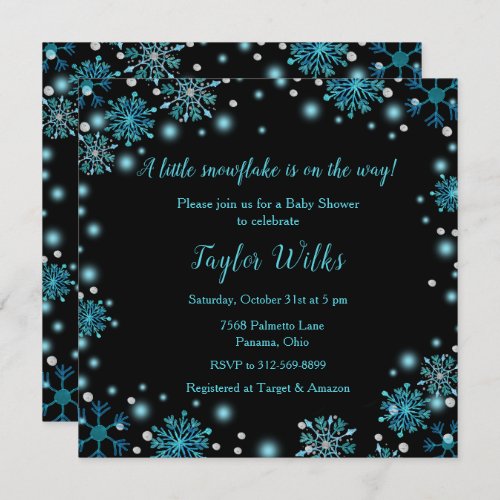 Elegant Turquoise Blue Snowflakes Baby Shower Invitation