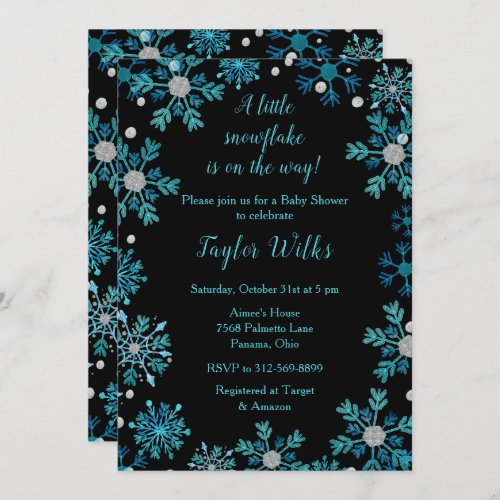 Elegant Turquoise Blue Snowflakes Baby Shower Invitation