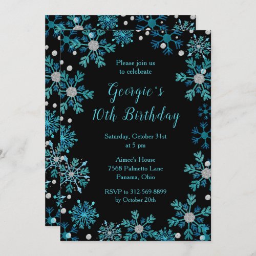 Elegant Turquoise Blue Snowflakes Birthday Invitation