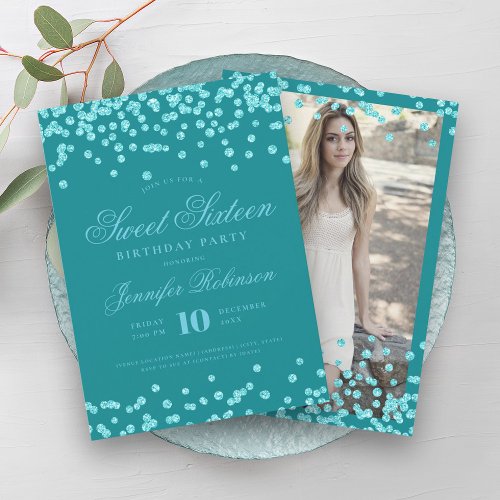 Elegant Turquoise Confetti Photo Sweet 16   Invitation