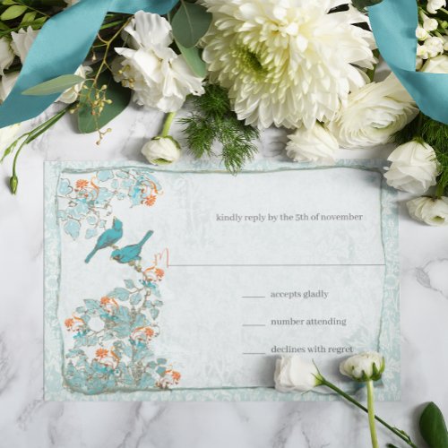 Elegant Turquoise Coral Birds Damask Wedding RSVP