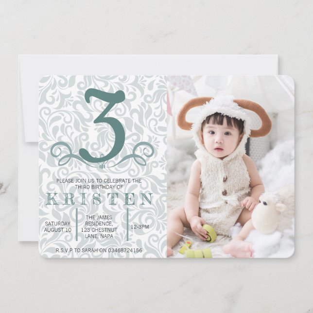 Elegant turquoise damask birthday party invitation (Front)