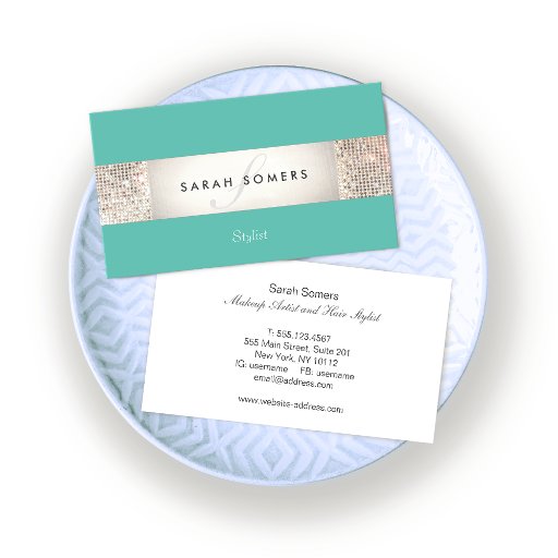 Customizable Striped Turquoise FAUX Silver Sequin Monogram 2 Business Card Template