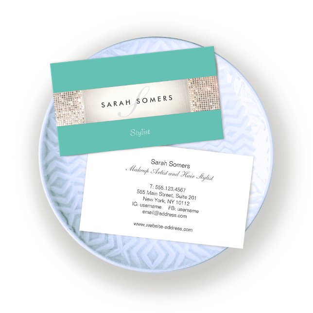 Elegant Turquoise FAUX Silver Sequin Monogram 2 Business Card (Creator Uploaded)