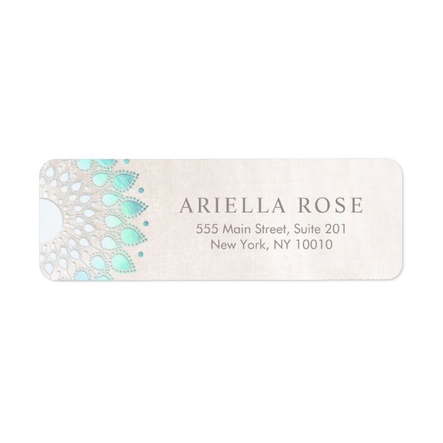 Elegant Turquoise Floral Lotus White Marble Label (Front)
