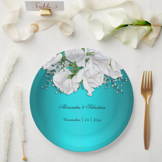 Elegant Turquoise Floral Wedding  Paper Plates (Wedding)