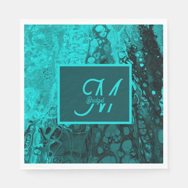 Elegant Turquoise Fluid Script monogram Art Napkins (Front)