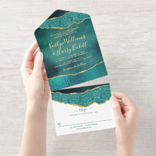 Elegant Turquoise Geode Agate Wedding Real Foil All In One Invitation