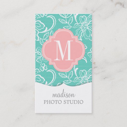 Customizable Elegant Turquoise Girly Lace Personalized Monogram Business Card Templates