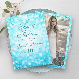 Elegant Turquoise Glam Lights Photo Sweet 16   Invitation