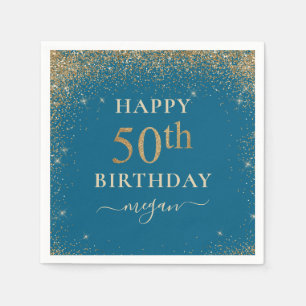Elegant Turquoise Glitter 50th Birthday Party Napkins