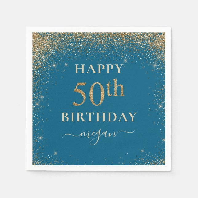 Elegant Turquoise Glitter 50th Birthday Party  Napkins (Front)