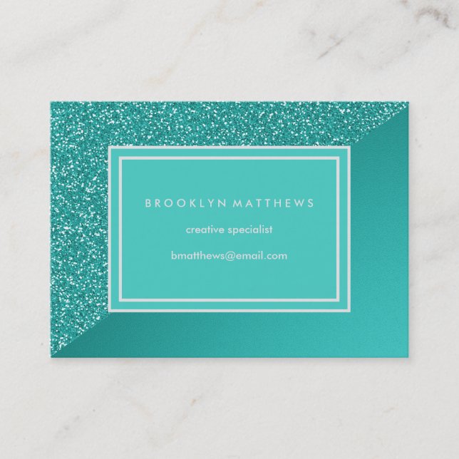 Elegant Turquoise Glitter Look Business Card (Front)