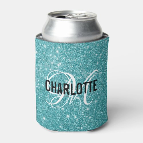 Elegant turquoise glitter monogram name  can cooler