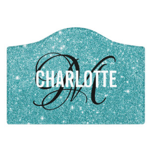 Elegant turquoise glitter monogram name door sign