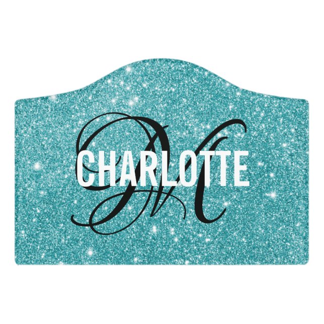 Elegant turquoise glitter monogram name door sign (Small Crest Front)