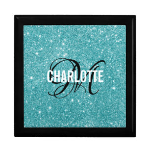 Elegant turquoise glitter monogram name gift box