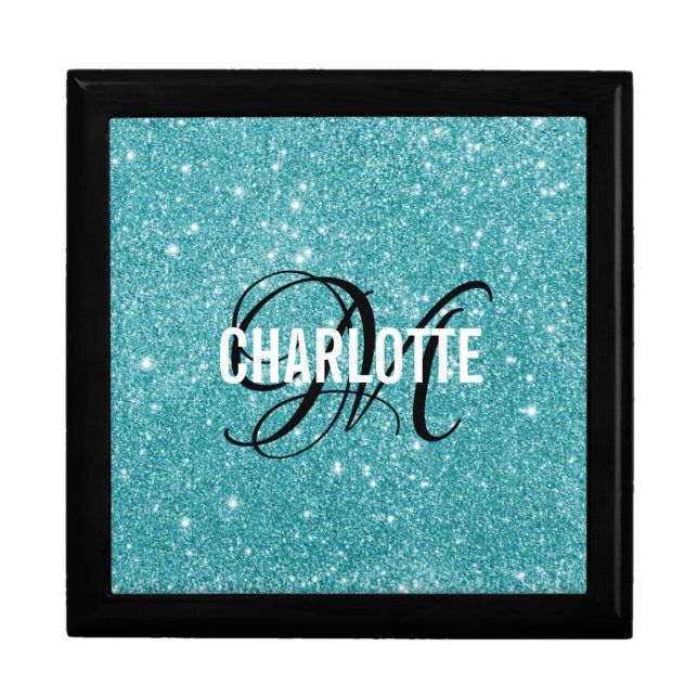 Elegant turquoise glitter monogram name gift box (Front)
