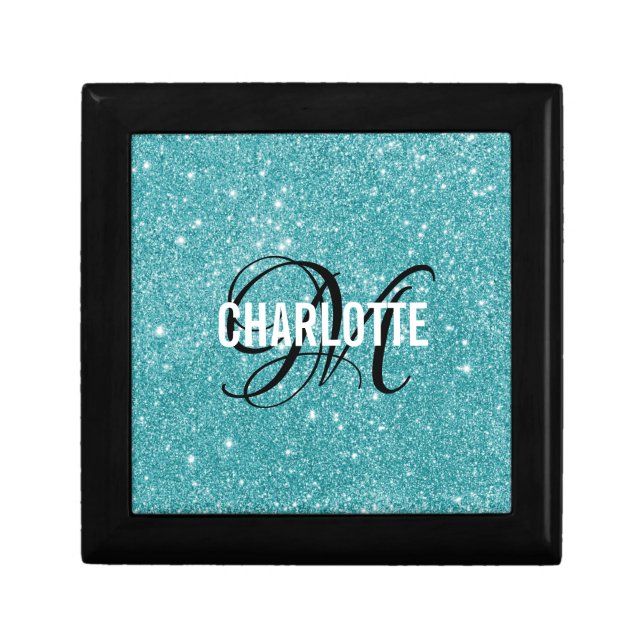 Elegant turquoise glitter monogram name gift box (Front)