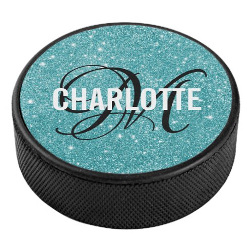 Elegant turquoise glitter monogram name hockey puck