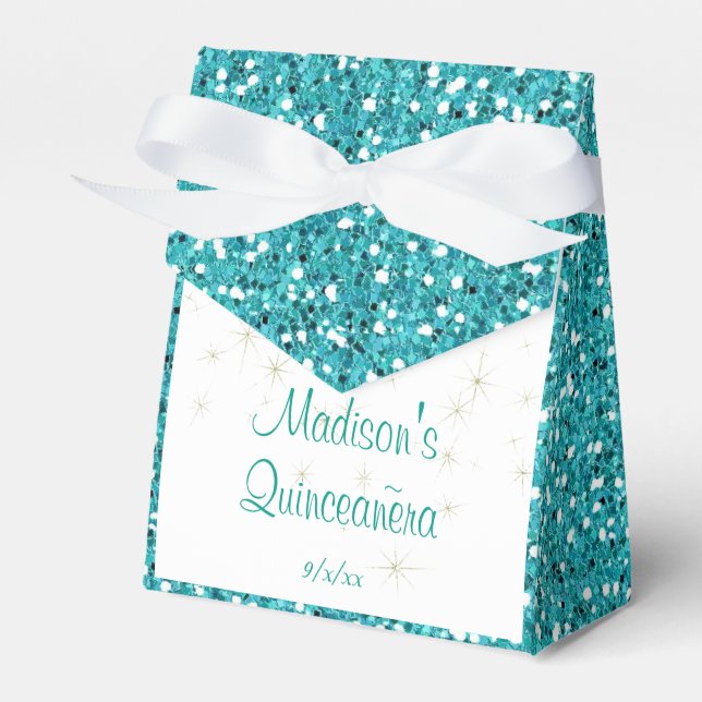 Elegant Turquoise Glitter, Quinceanera Custom Favor Boxes (Front Side)