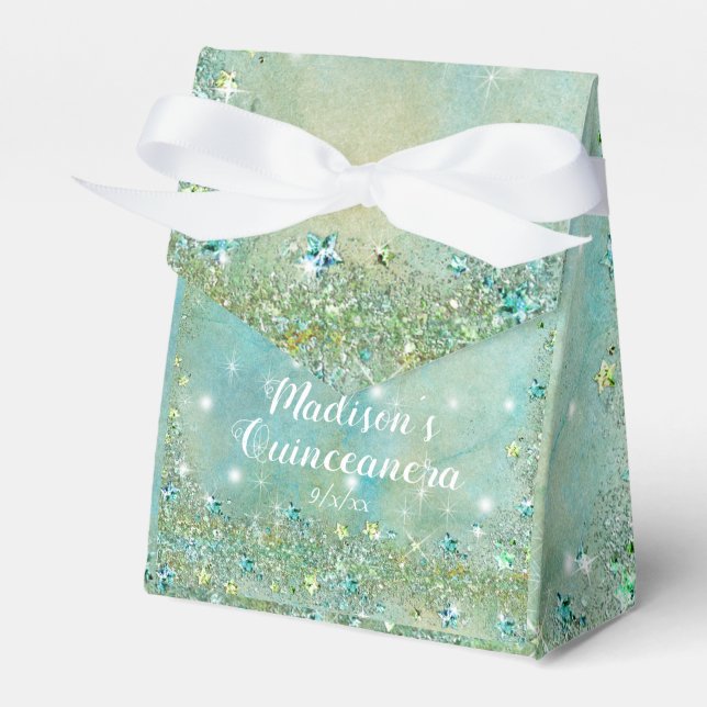 Elegant Turquoise Glitter, Quinceanera Favor Boxes (Front Side)