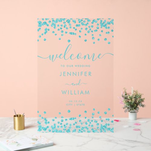 Elegant Turquoise Glitter Wedding Party Welcome  Acrylic Sign