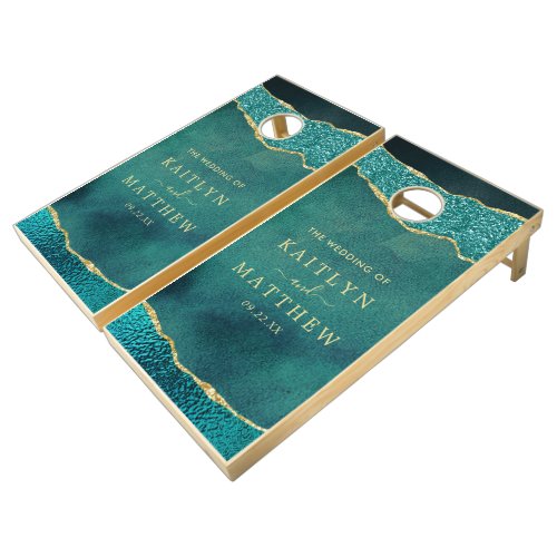 Elegant Turquoise  Gold Agate Wedding Cornhole Set