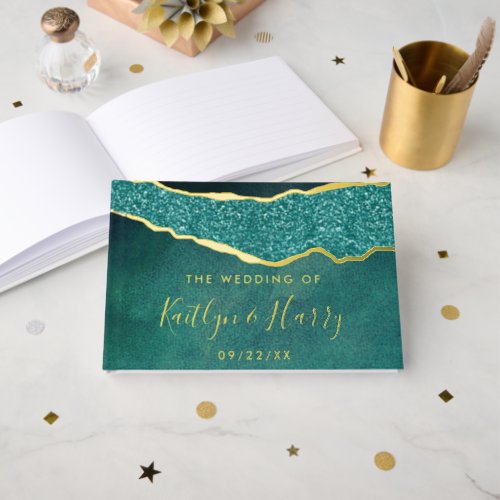 Elegant Turquoise  Gold Agate Wedding Foil Guest Book