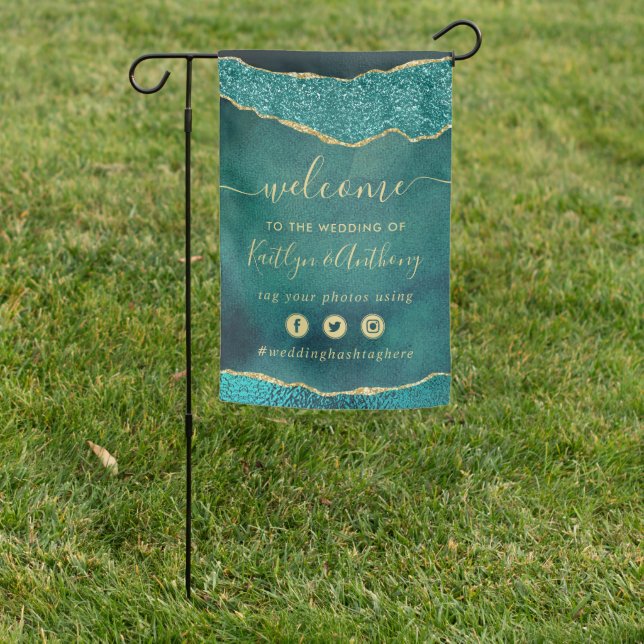 Elegant Turquoise & Gold Agate Wedding Garden Flag (In SItu)