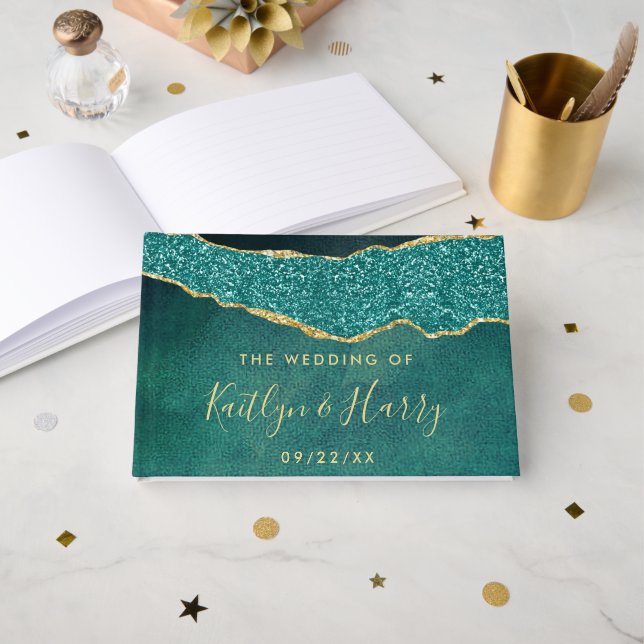 Elegant Turquoise & Gold Agate Wedding Guest Book (Front Open)
