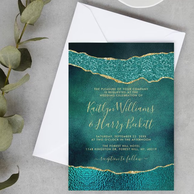 Elegant Turquoise & Gold Agate Wedding Invitation (Creator Uploaded)