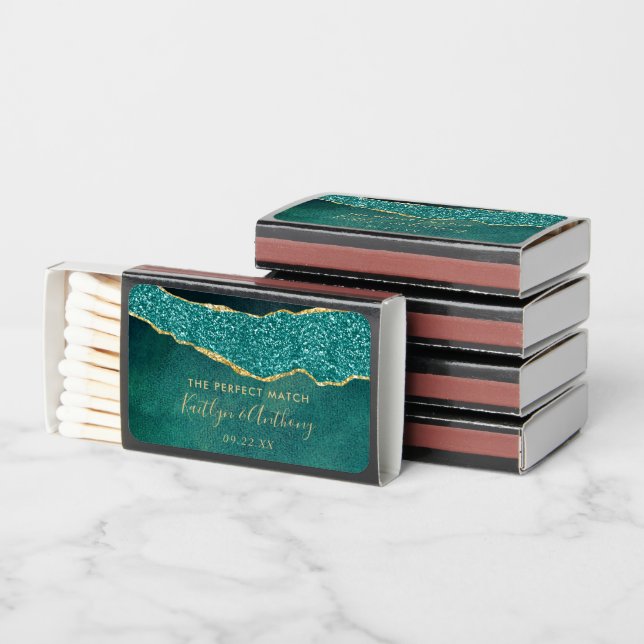Elegant Turquoise & Gold Agate Wedding Matchboxes (Stacked)