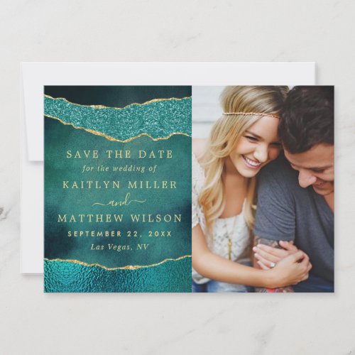 Elegant Turquoise  Gold Agate Wedding Photo Save The Date