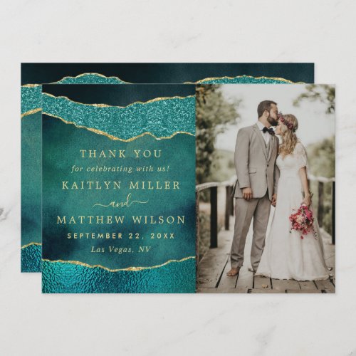 Elegant Turquoise  Gold Agate Wedding Photo Thank You Card