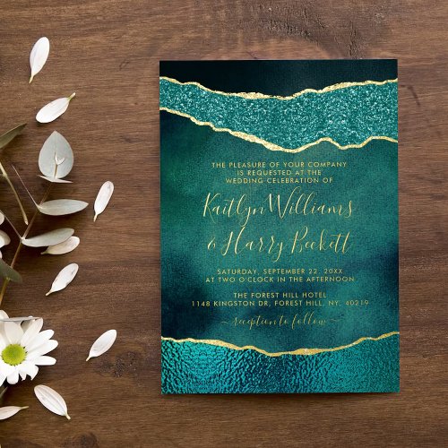 Elegant Turquoise  Gold Agate Wedding Real Foil Invitation