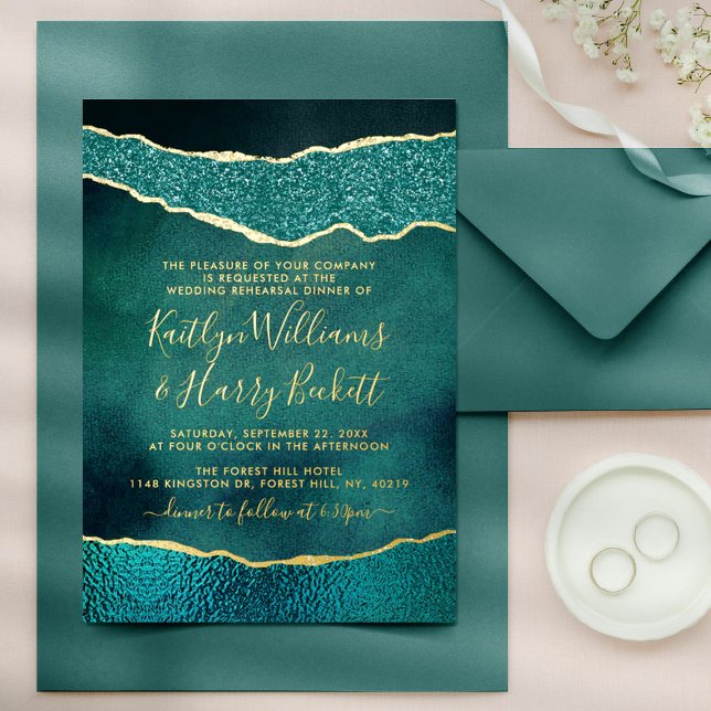 Elegant Turquoise & Gold Agate Wedding Rehearsal Foil Invitation (Creator Uploaded)