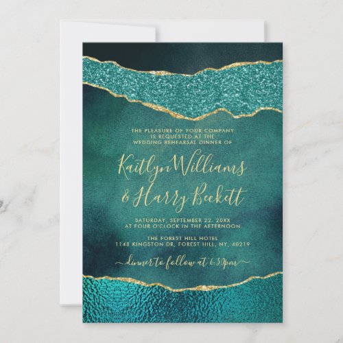 Elegant Turquoise  Gold Agate Wedding Rehearsal Invitation