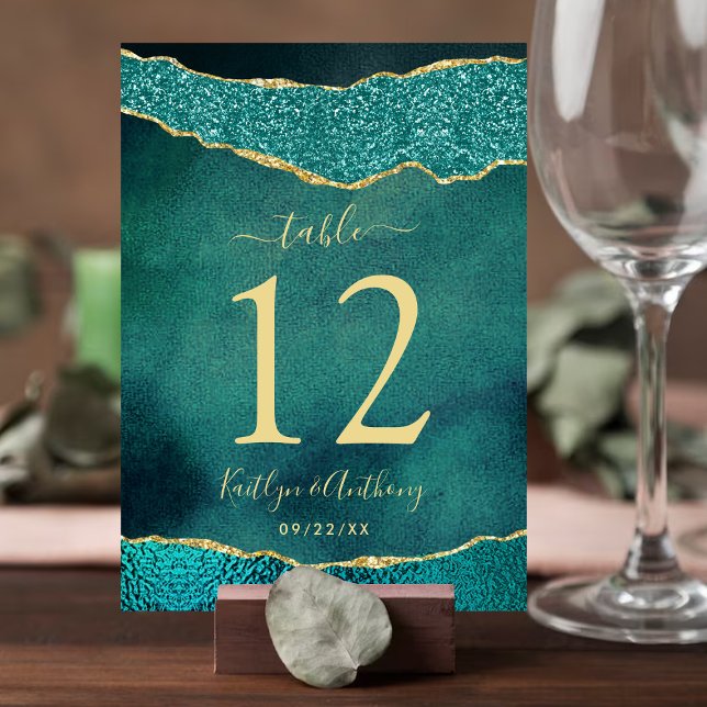 Elegant Turquoise & Gold Agate Wedding Table Card (Creator Uploaded)