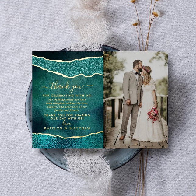 Elegant Turquoise & Gold Agate Wedding Thank You Foil Invitation (Creator Uploaded)