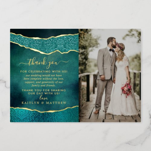 Elegant Turquoise  Gold Agate Wedding Thank You Foil Invitation